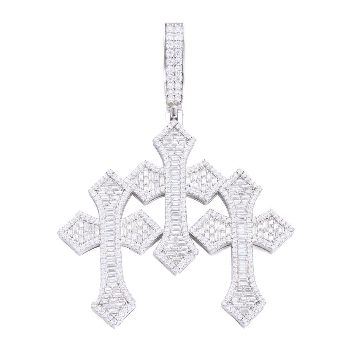 Iced-out triple cross moissanite pendant in silver tone