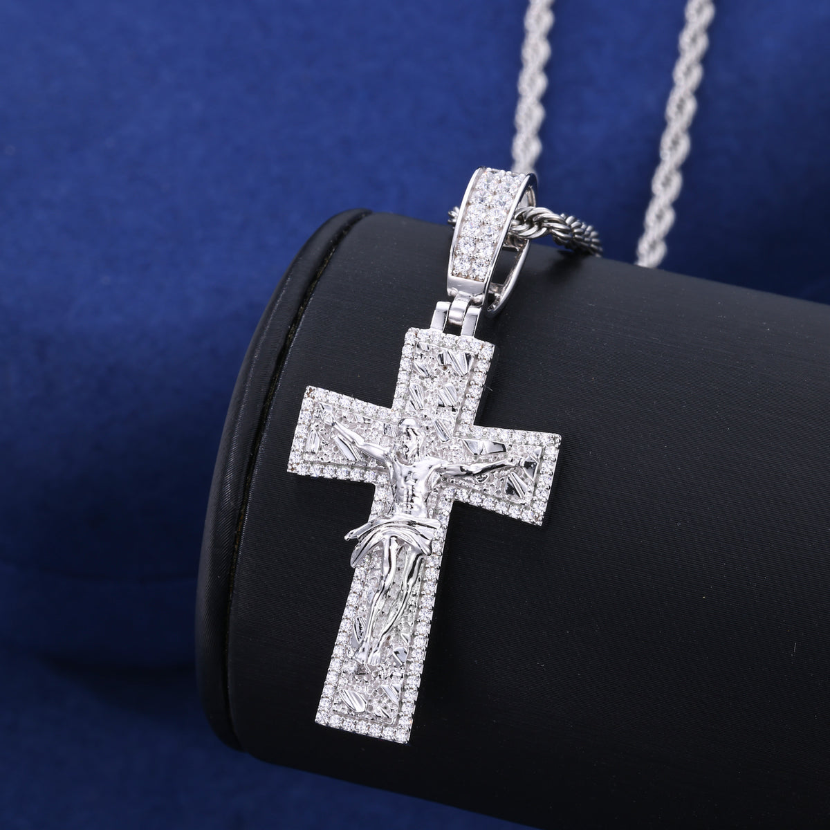 Silver-tone moissanite crucifix cross pendant close-up