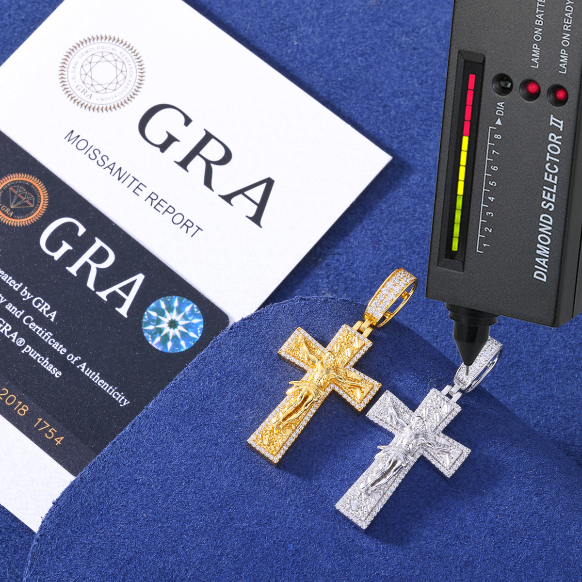 Silver-tone and gold-tone moissanite crucifix cross pendants