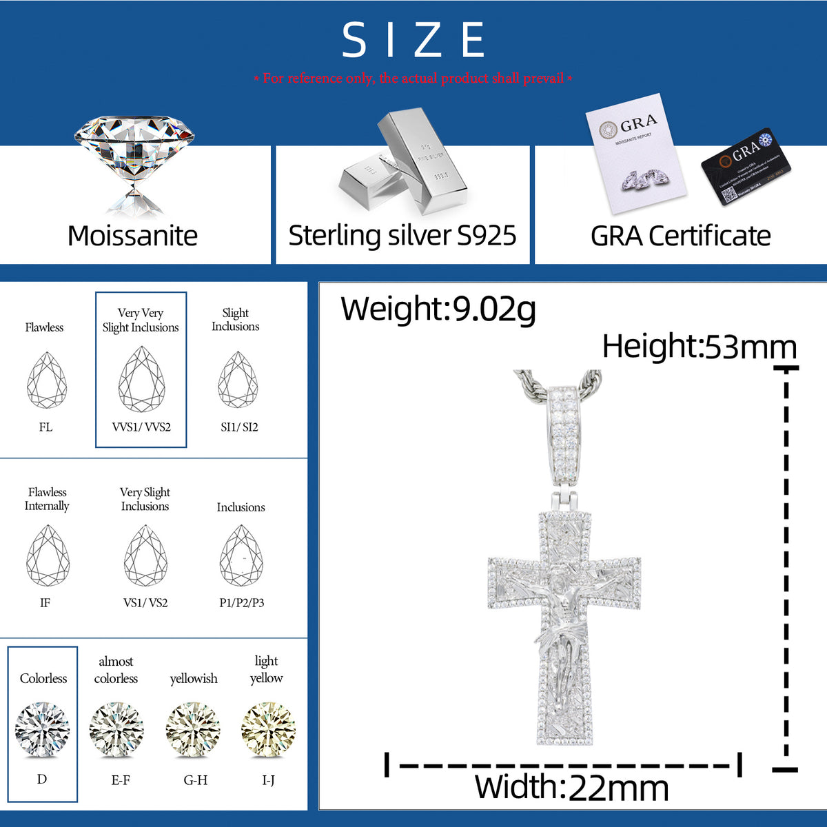 Moissanite crucifix cross pendant size and material details