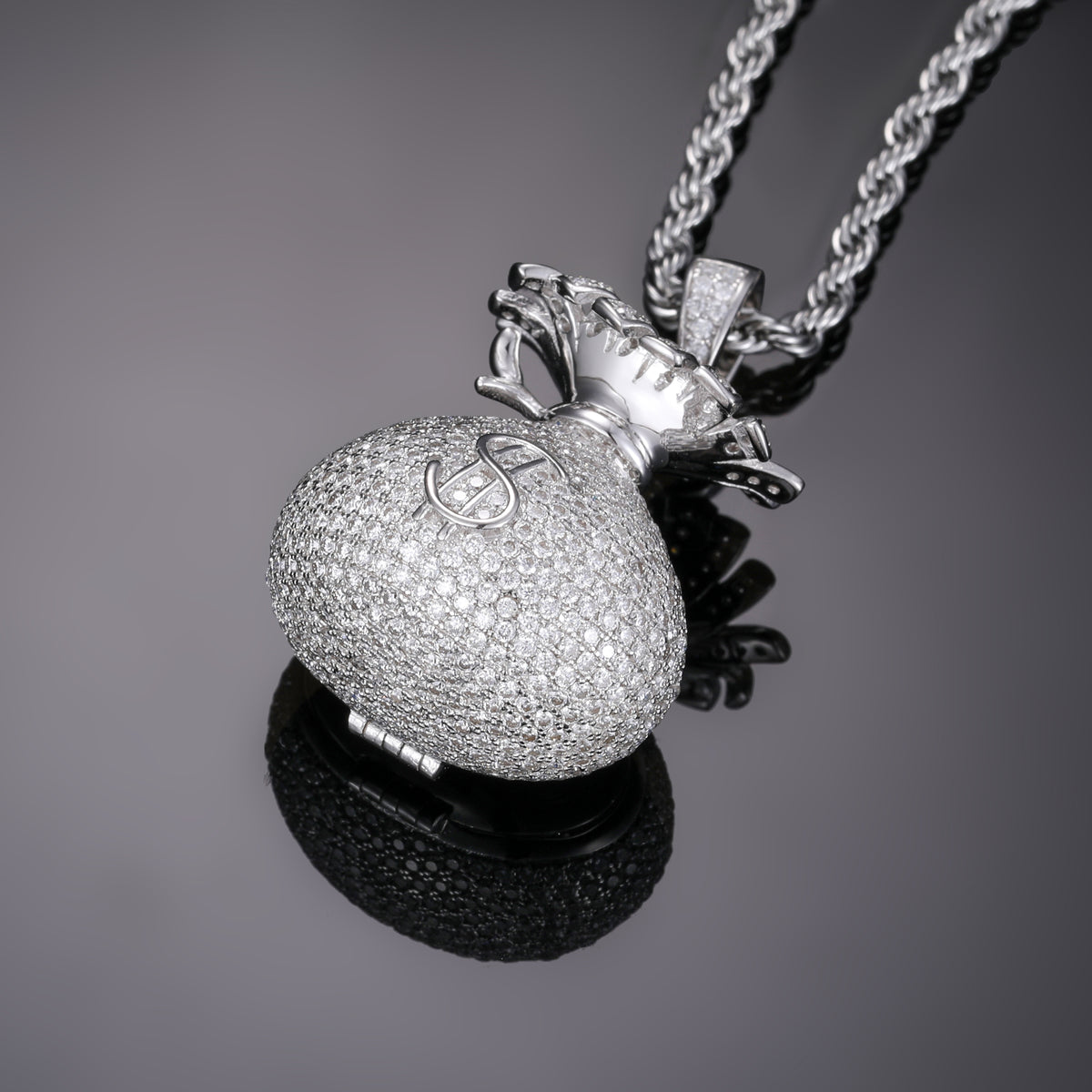 Close-up of an iced-out moissanite money bag pendant