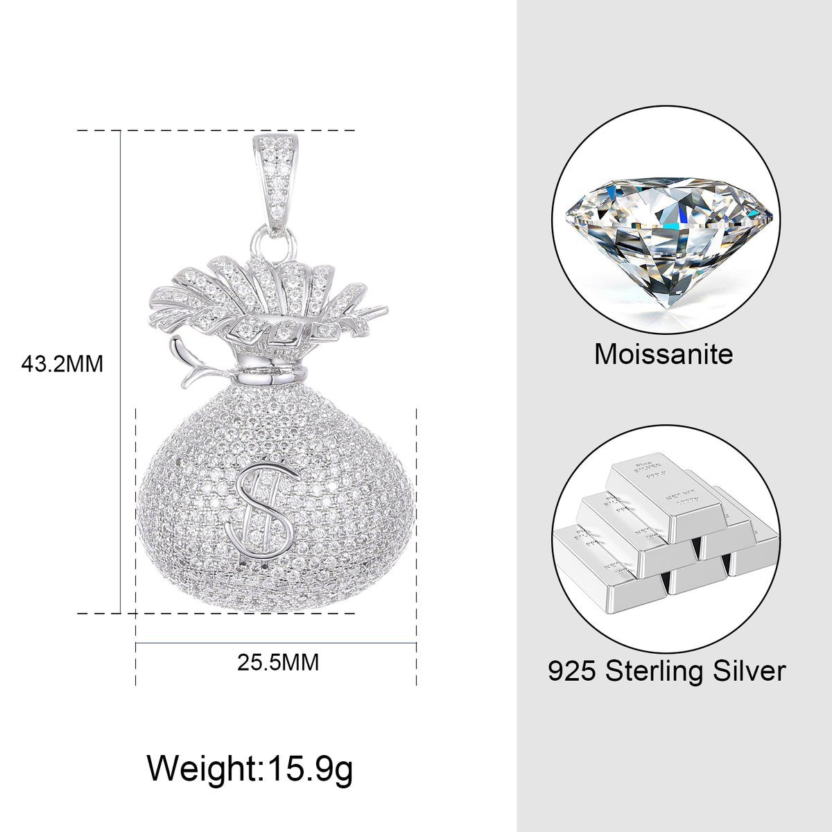 Moissanite money bag pendant size and material details