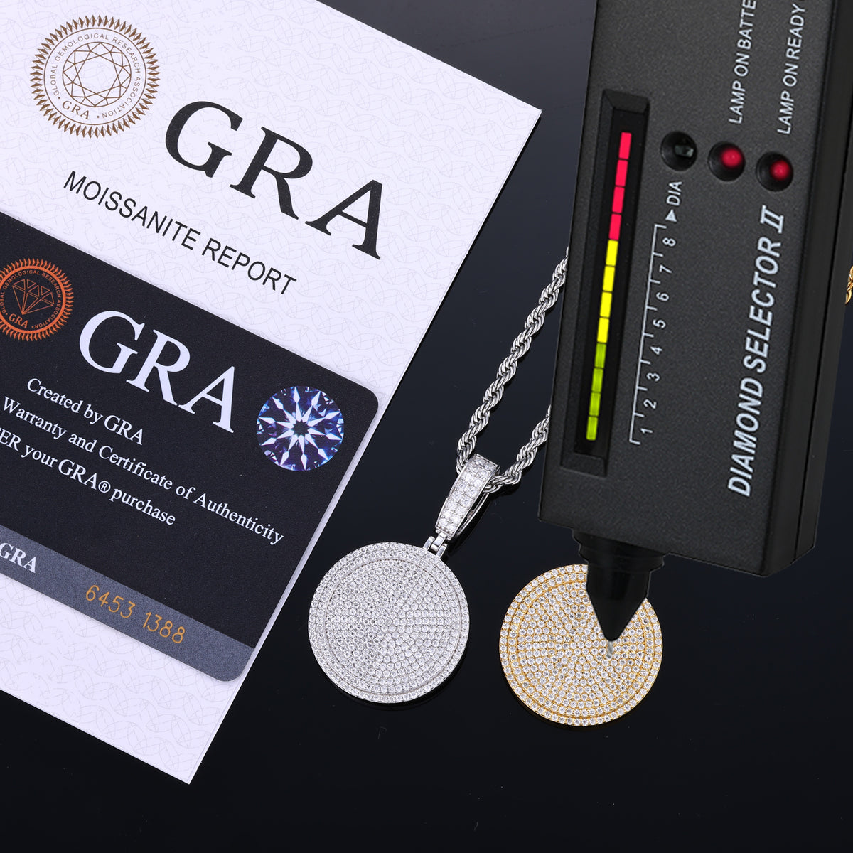 Round moissanite dog tag pendants with stone tester