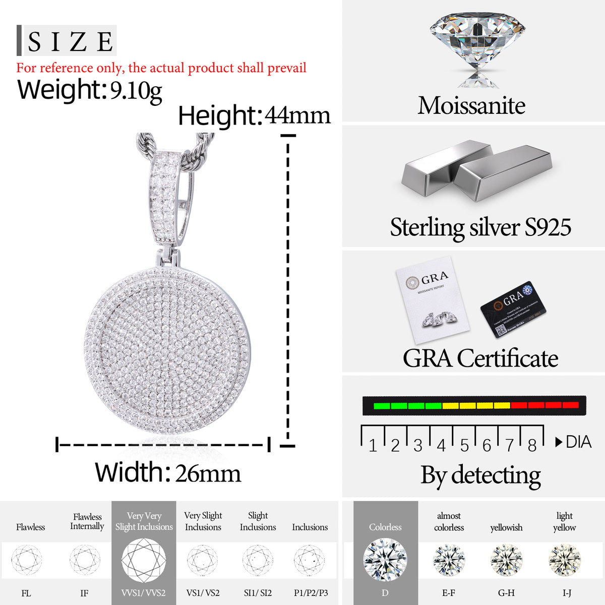 Round moissanite dog tag pendant size and material details