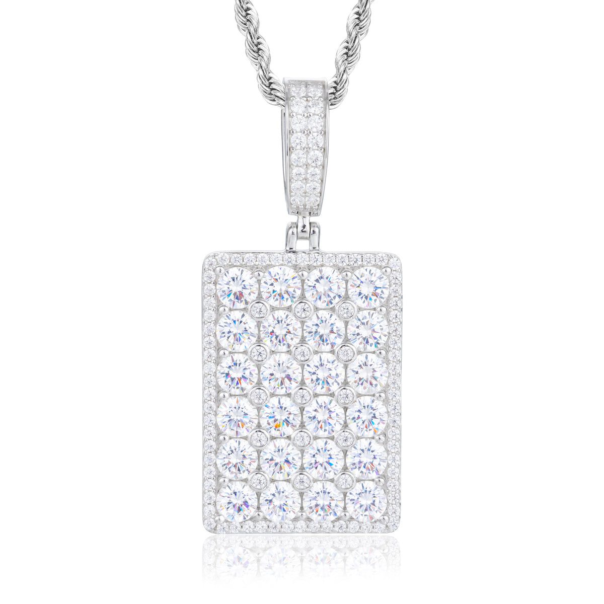 Iced-out square moissanite dog tag pendant in silver tone