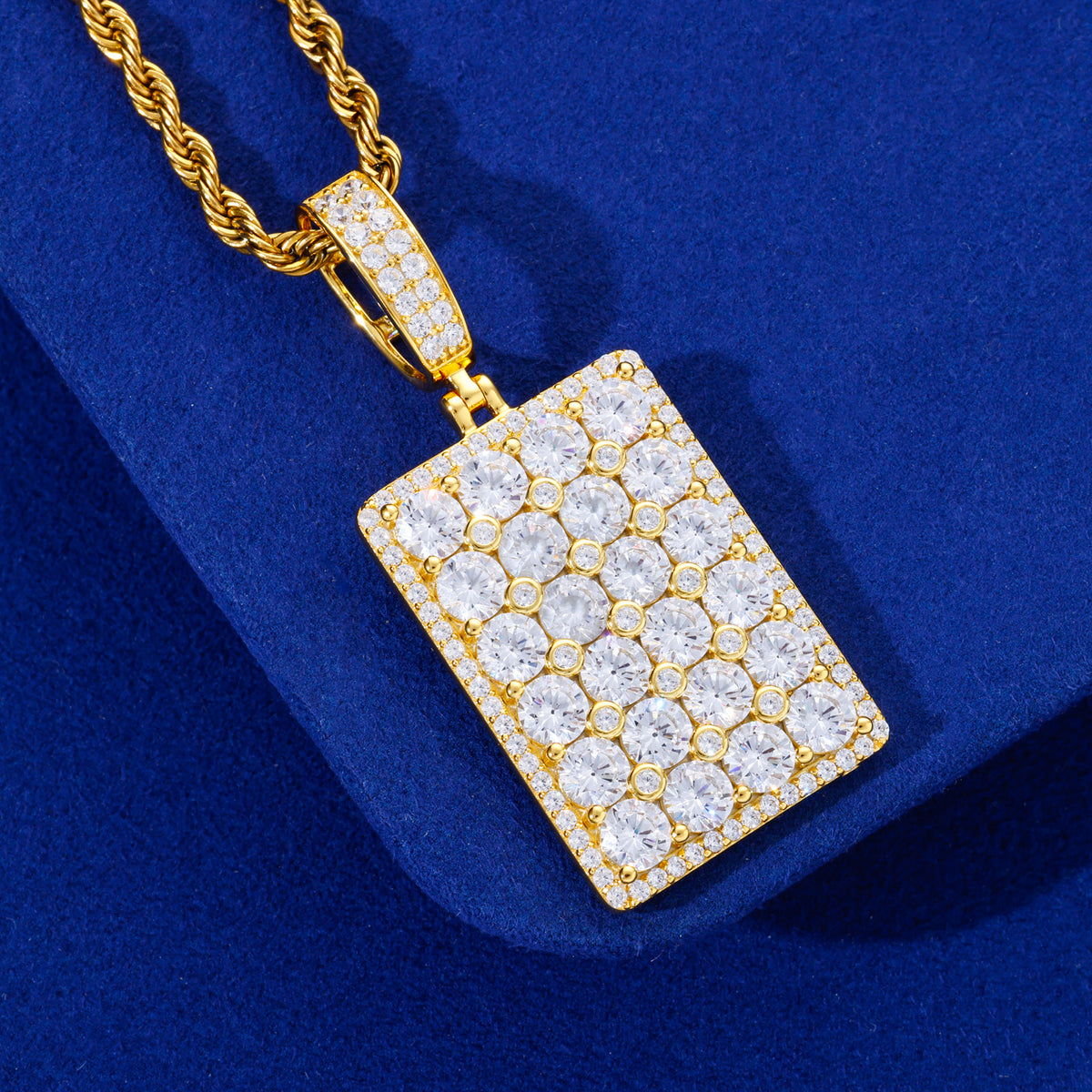 Gold-tone square moissanite dog tag pendant detail