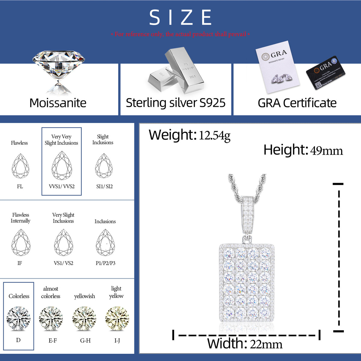 Square moissanite dog tag pendant size and material details