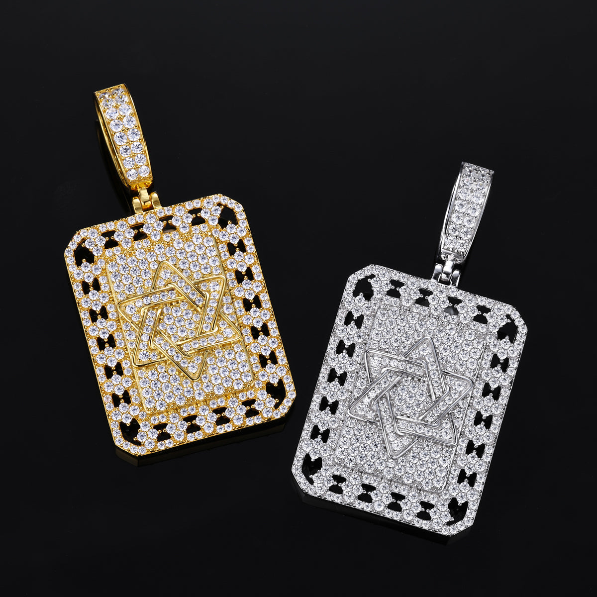 Silver-tone and gold-tone Magen David dog tag moissanite pendants