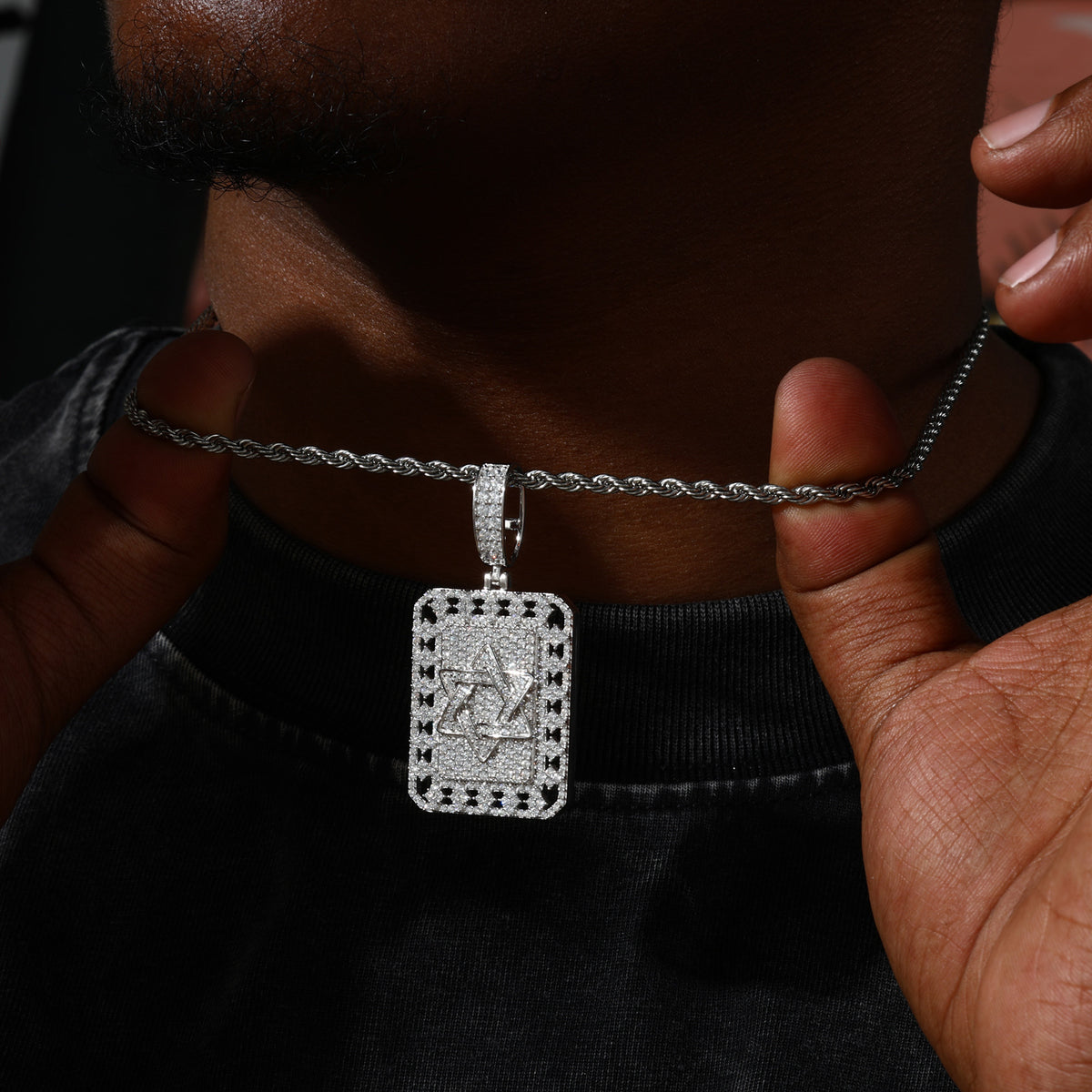 Silver-tone Magen David dog tag moissanite pendant worn