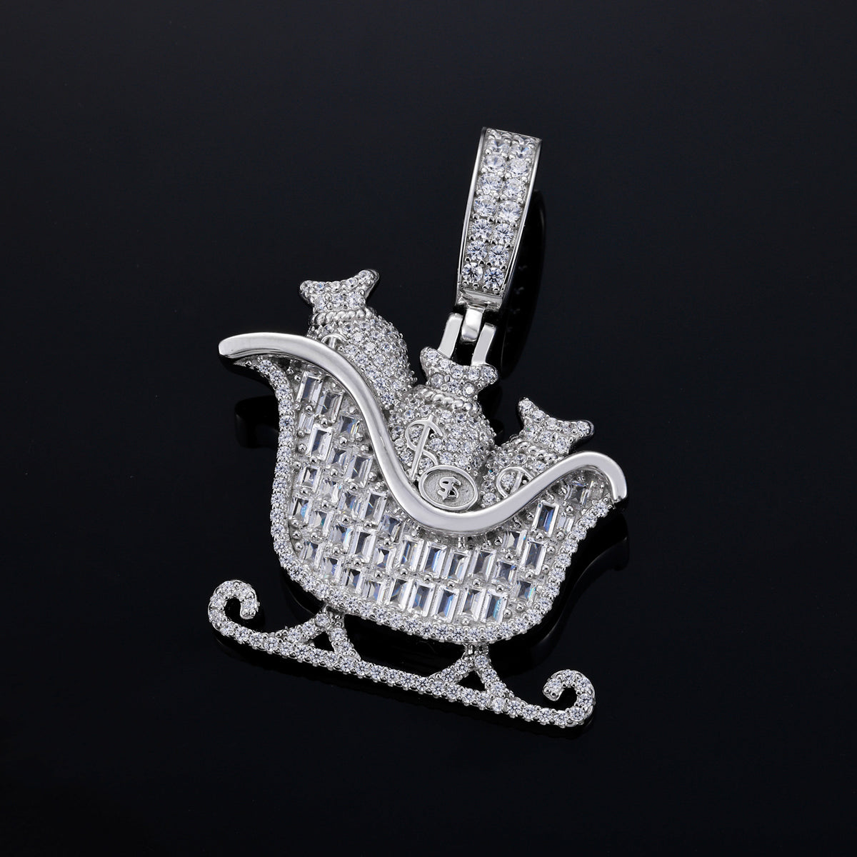 Silver-tone money bag sleigh moissanite pendant