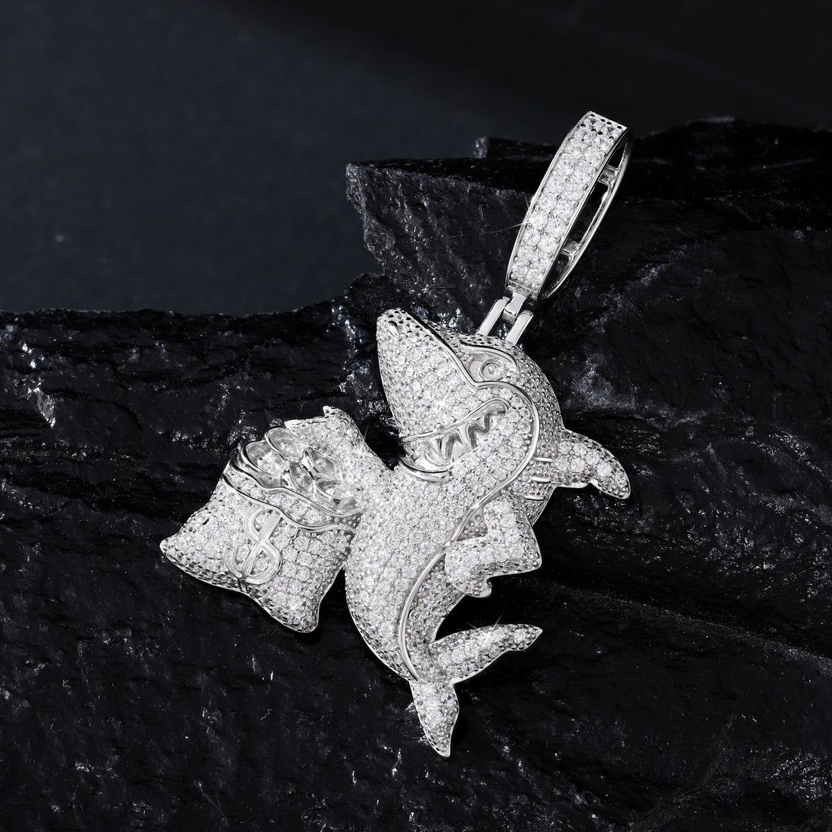 Silver-tone money shark moissanite pendant