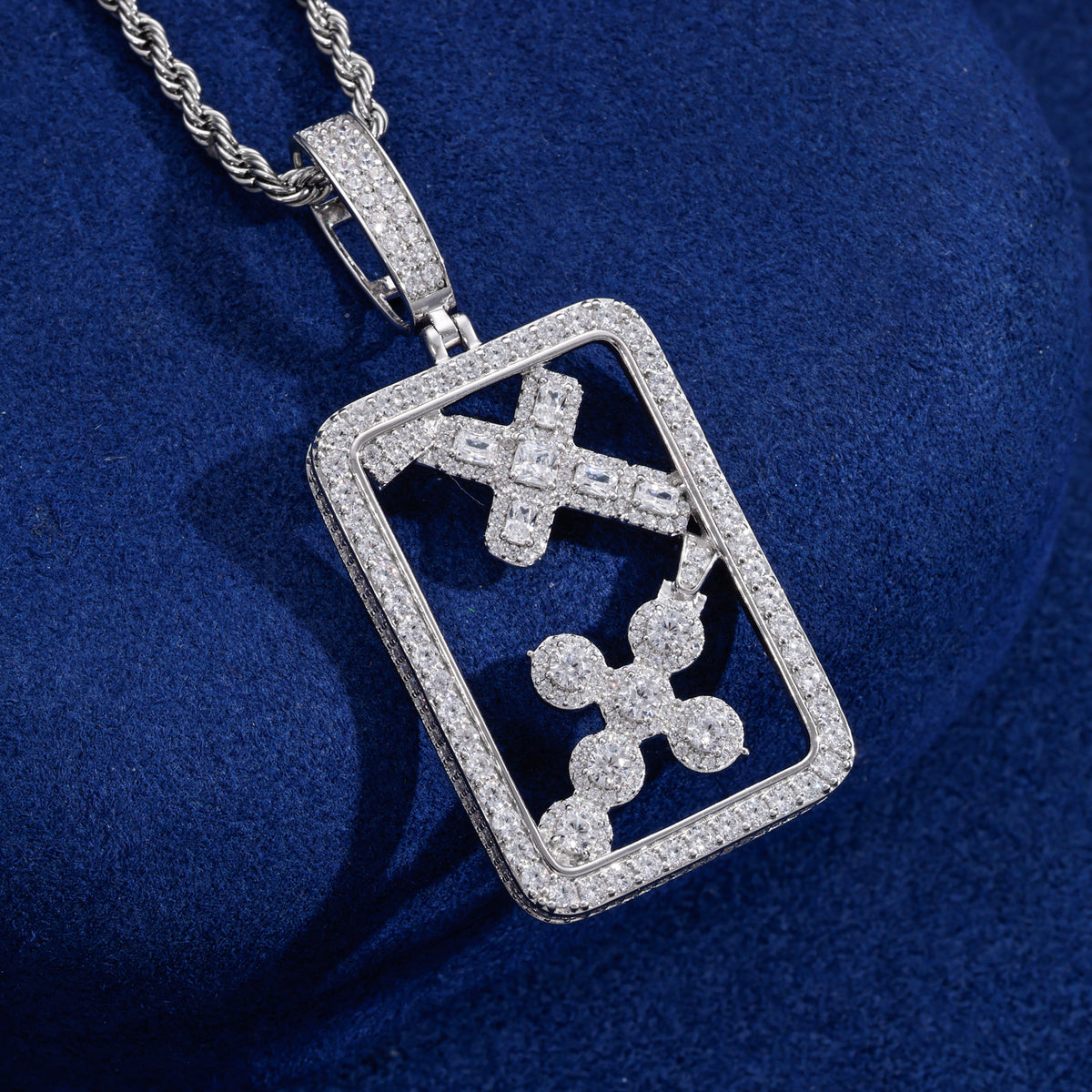 Openwork cross dog tag moissanite pendant close up