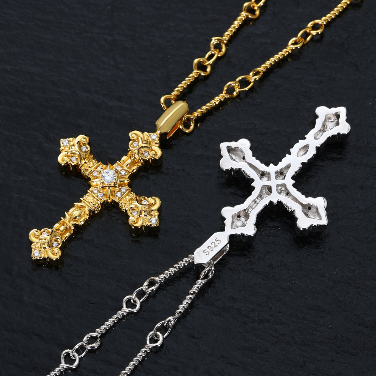 Gold-tone and silver-tone ornate iris cross pendants