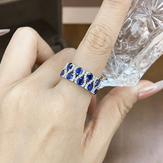 Side view of the double-row lab-grown blue sapphire ring