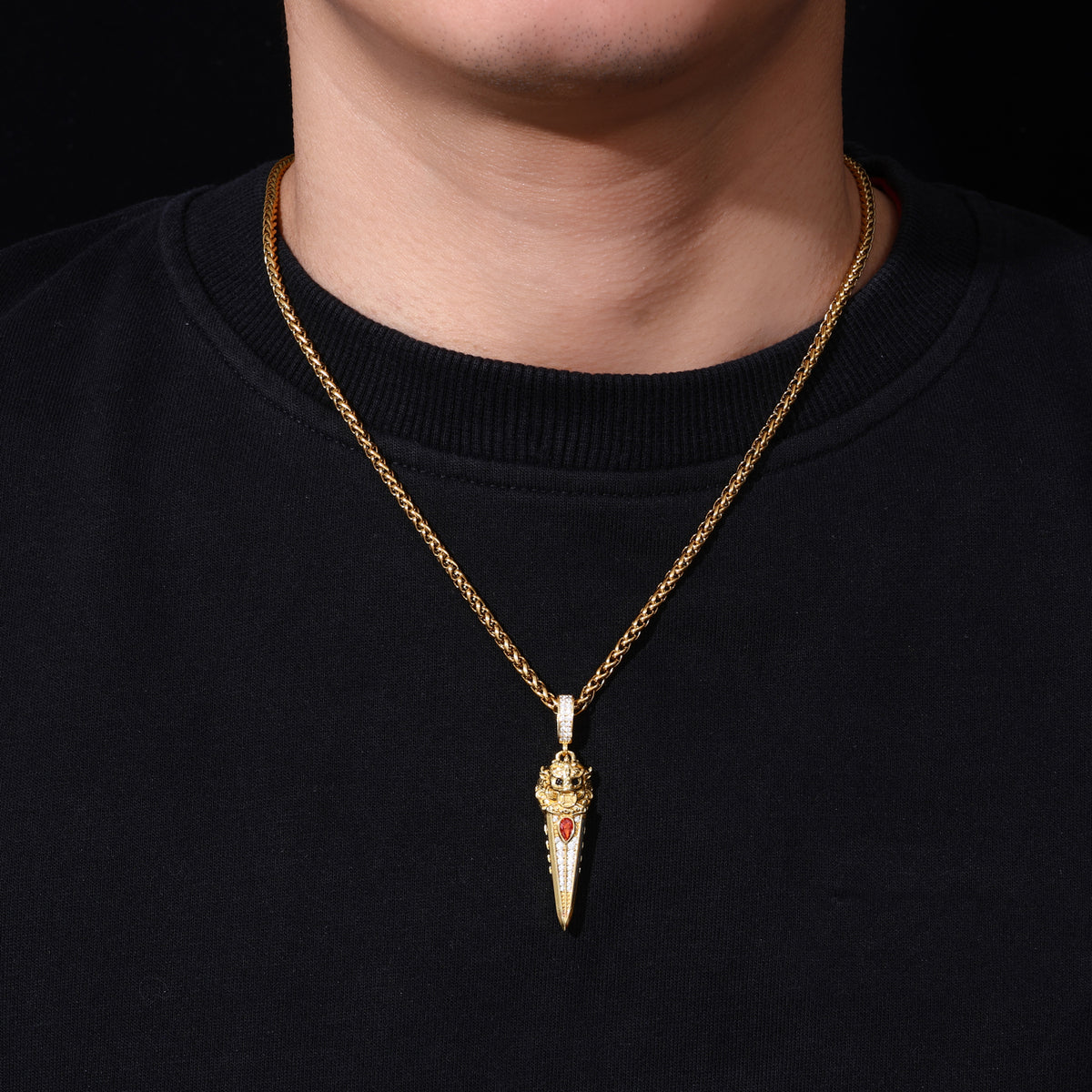 Gold tone Pi Xiu sword moissanite pendant worn