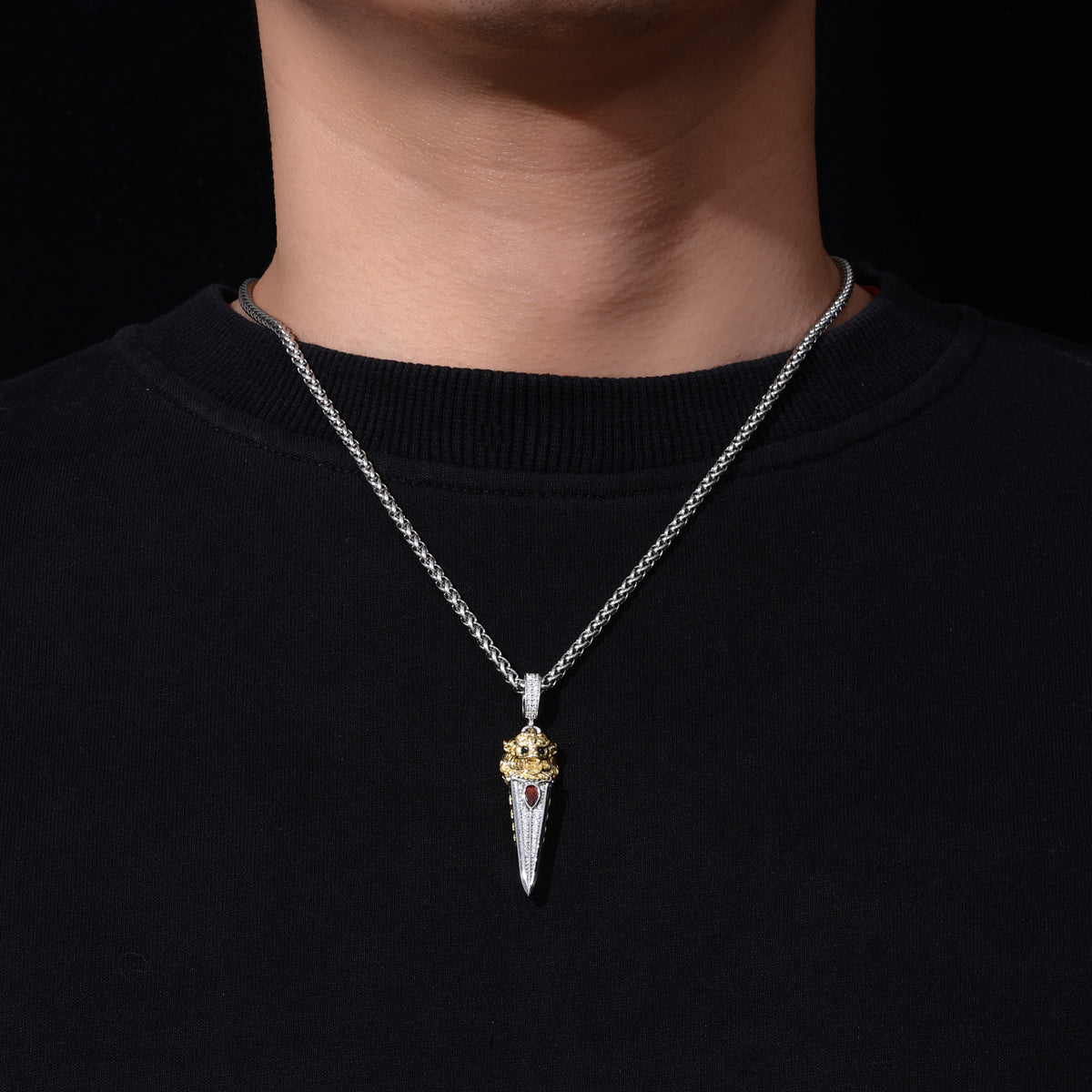 Silver tone Pi Xiu sword moissanite pendant worn