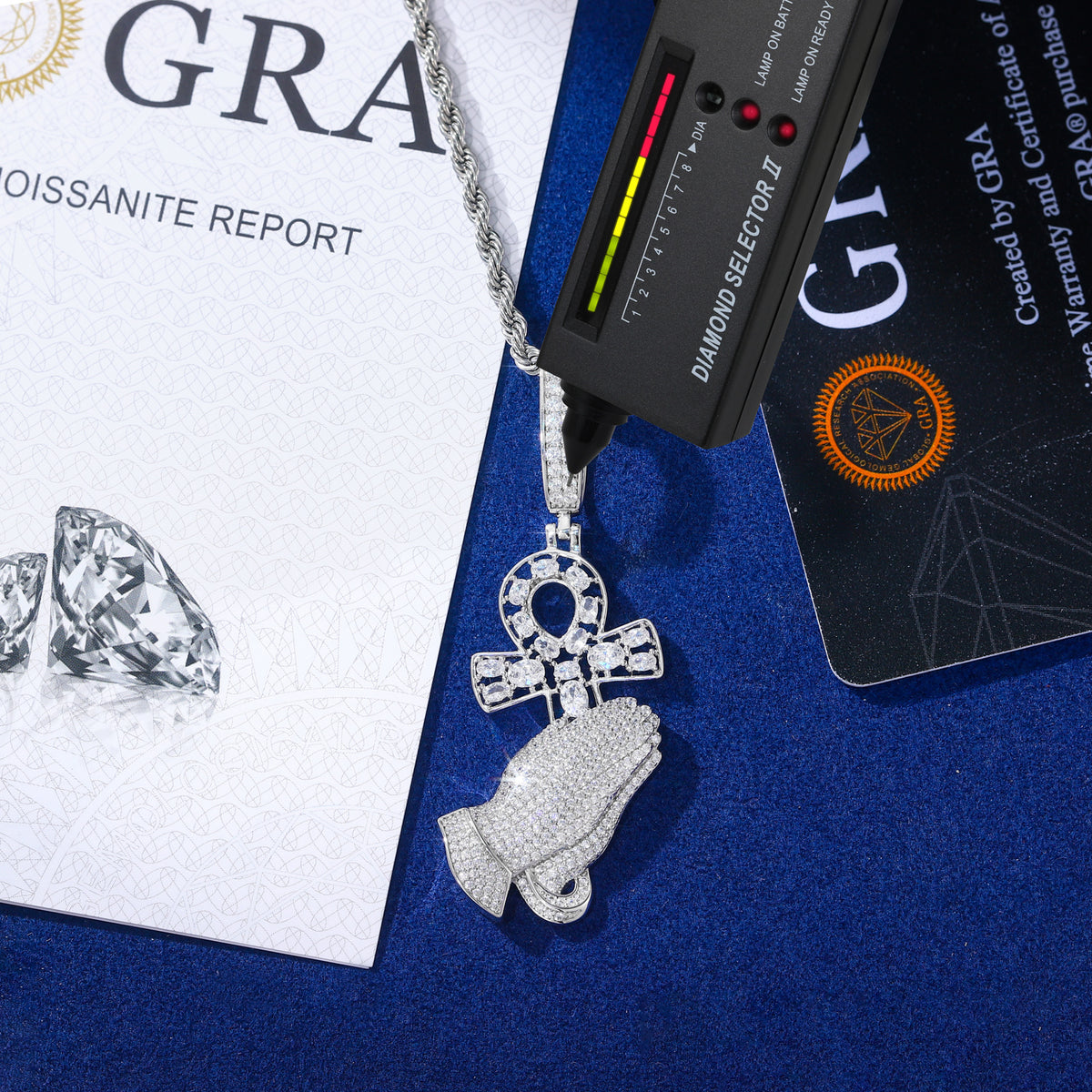 Praying Hands Ankh Moissanite Pendant close-up