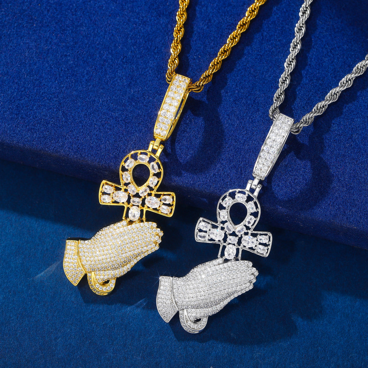 Silver-tone and gold-tone praying hands Ankh moissanite pendants