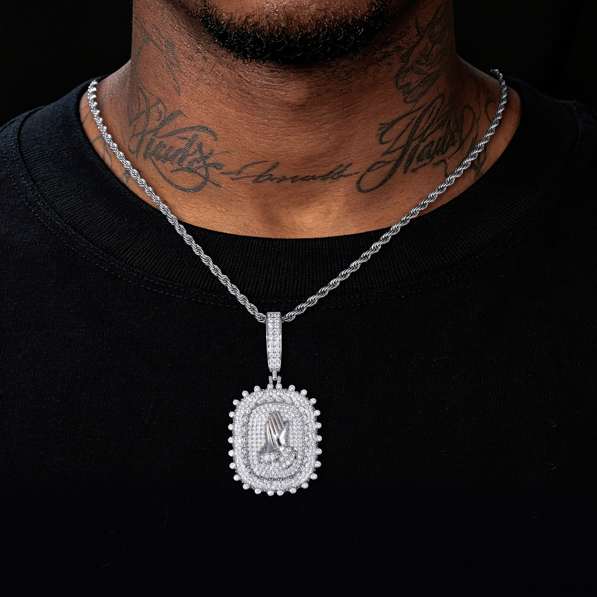 Praying Hands Dog Tag Moissanite Pendant close-up