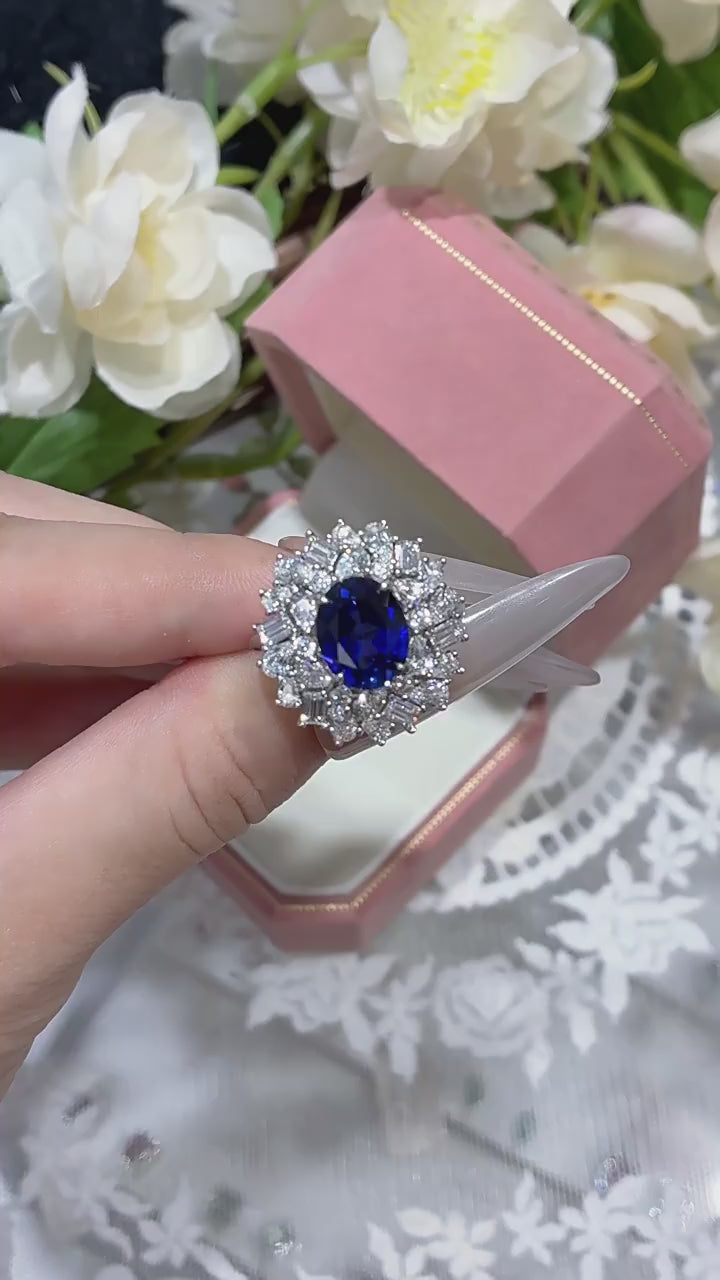 3 Carat Oval Lab-Grown Blue Sapphire Halo Ring – 925 Sterling Silver