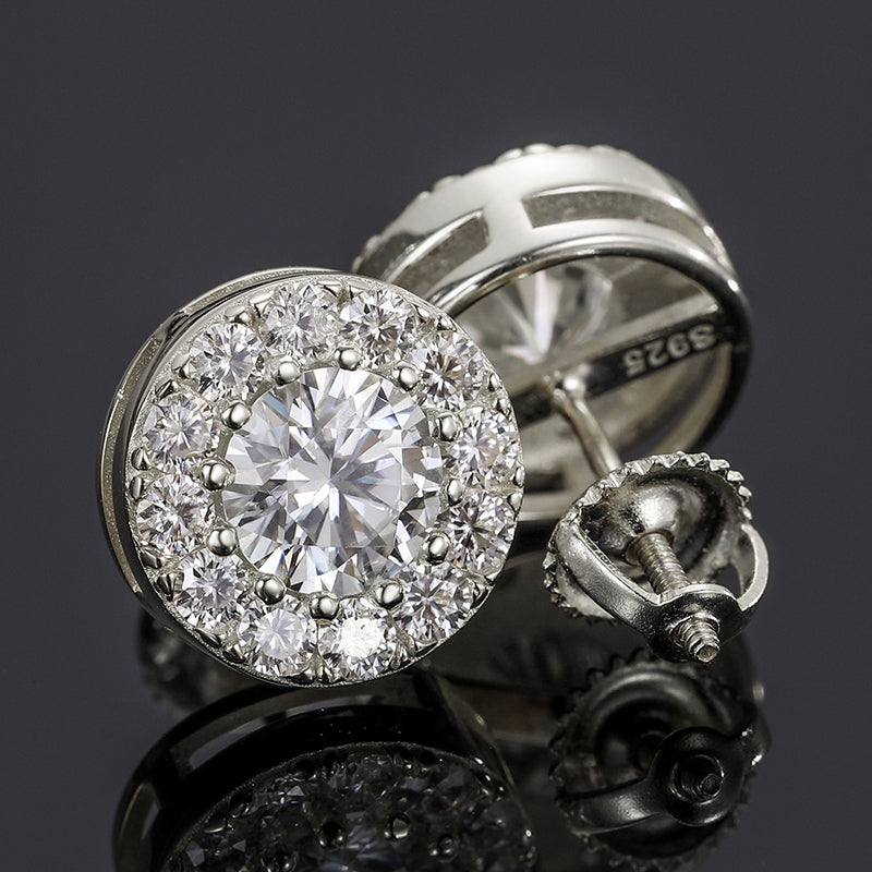 Silver-tone round halo moissanite stud earrings front and back view