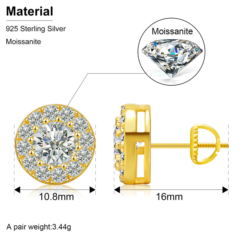 Round halo moissanite stud earrings size and material details