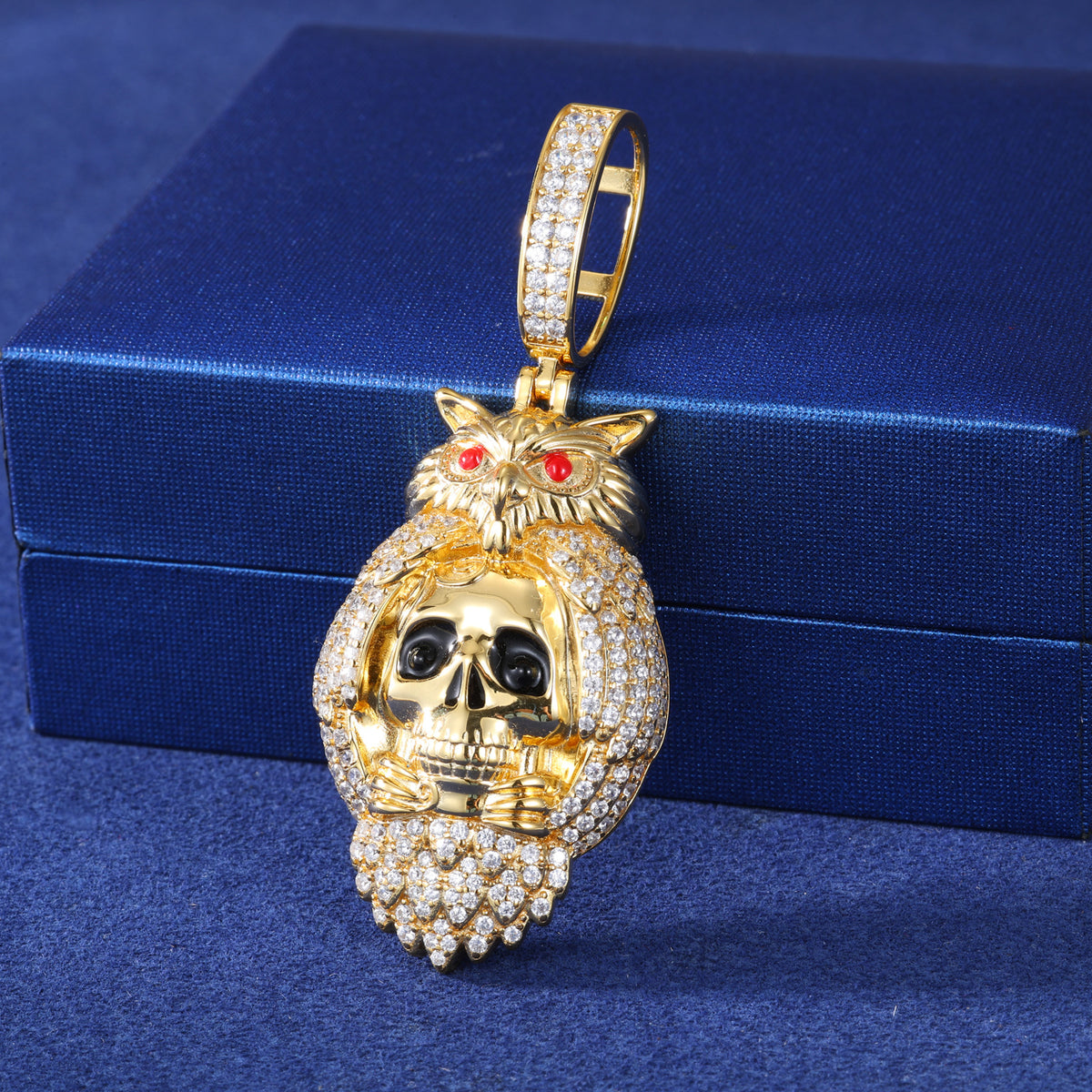 Skeleton owl moissanite pendant in a gold-tone plated finish