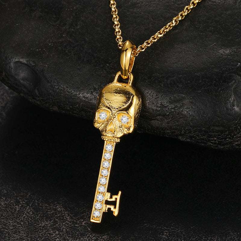 Gold-tone skull key moissanite pendant