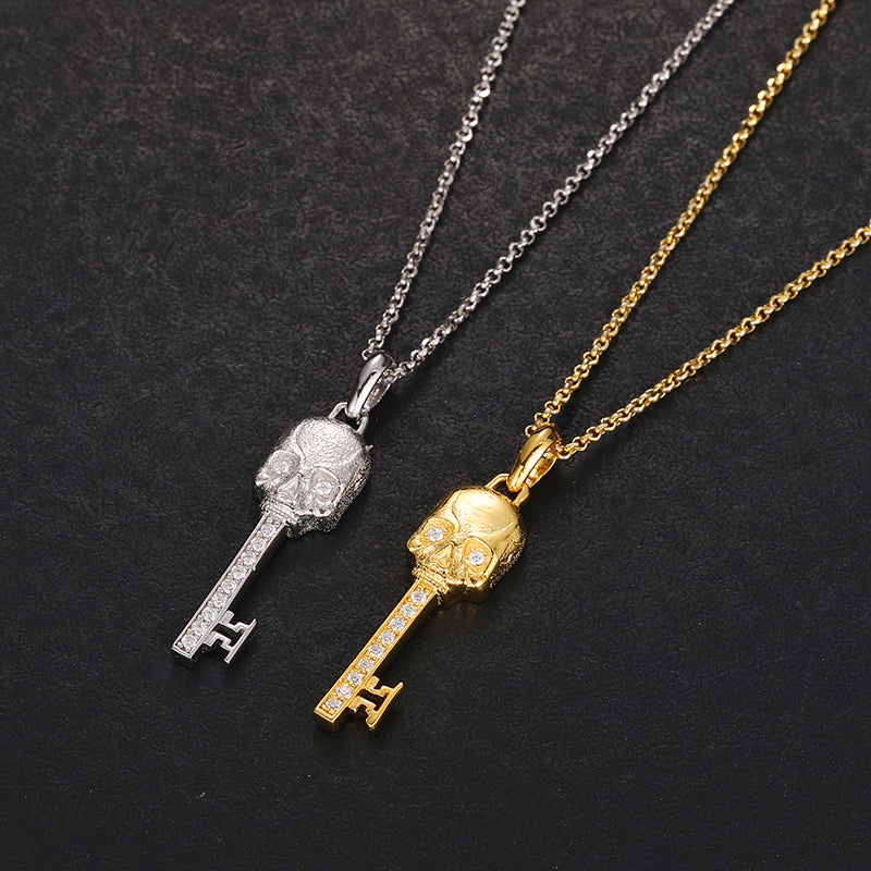 Silver-tone and gold-tone skull key moissanite pendants