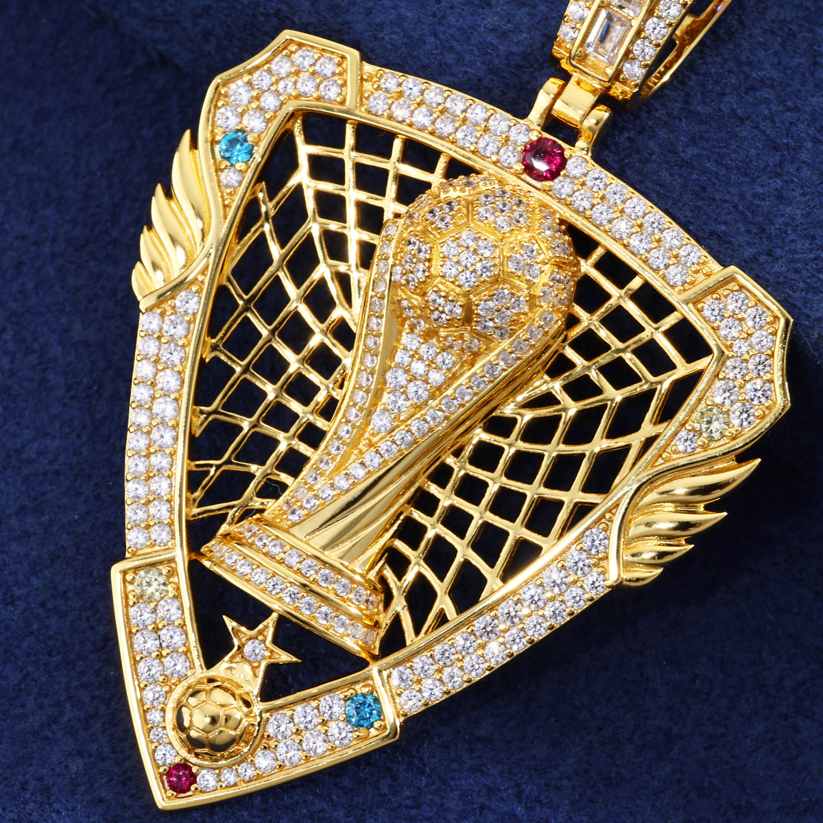 Gold tone soccer trophy shield moissanite pendant