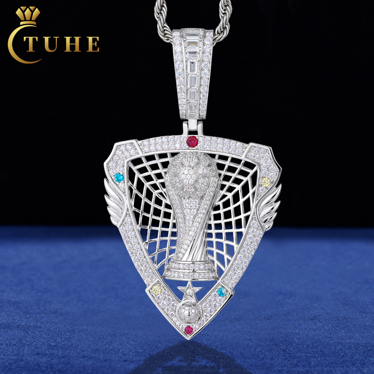 Silver tone soccer trophy shield moissanite pendant