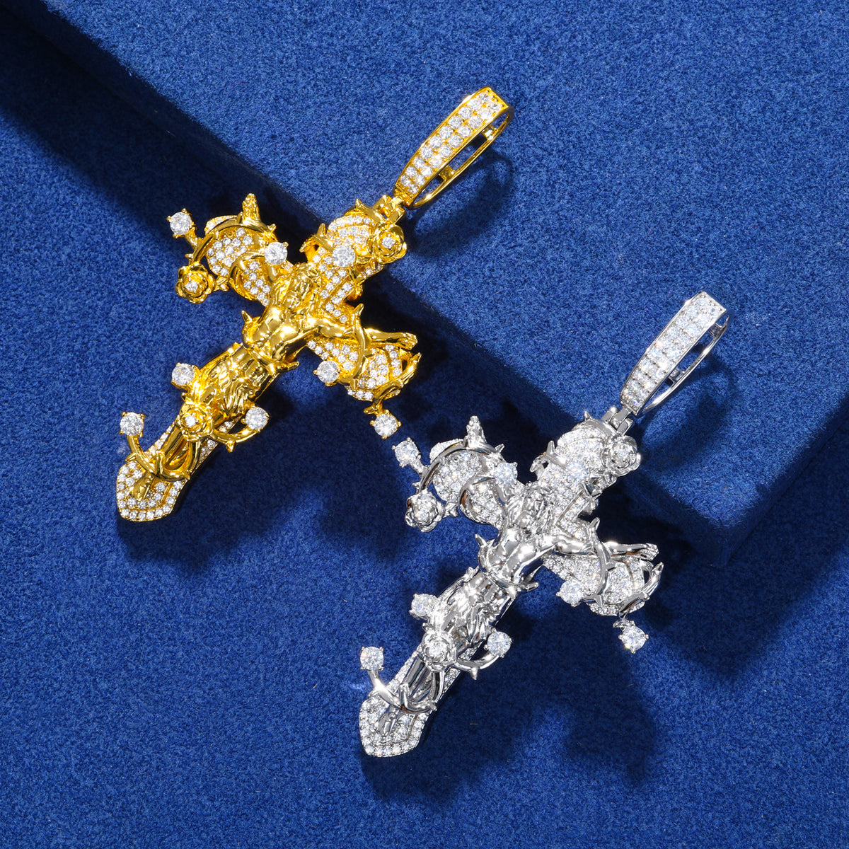 Iced-out thorned crucifix moissanite pendant in two plated finishes
