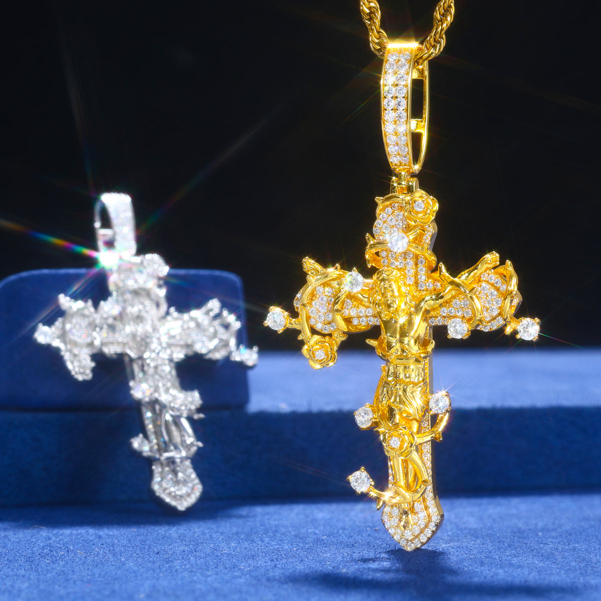 Silver-tone and gold-tone thorned crucifix moissanite pendants