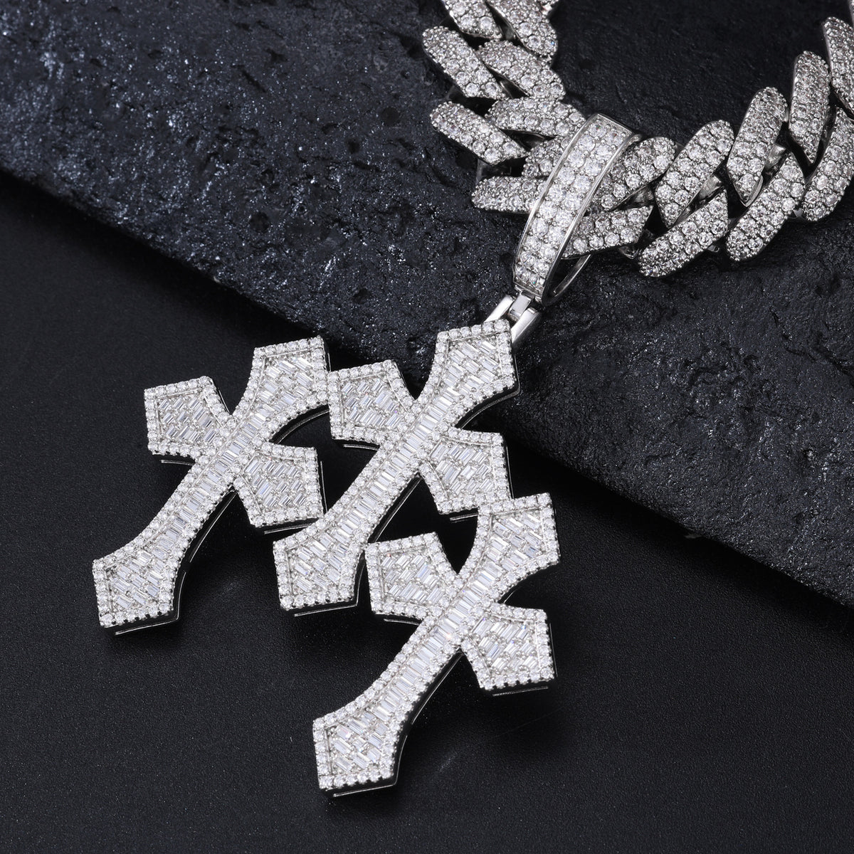 Baguette triple cross moissanite pendant close up