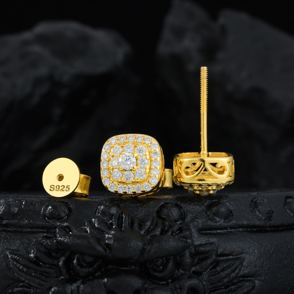 Gold-tone triple-row moissanite stud earrings, front view