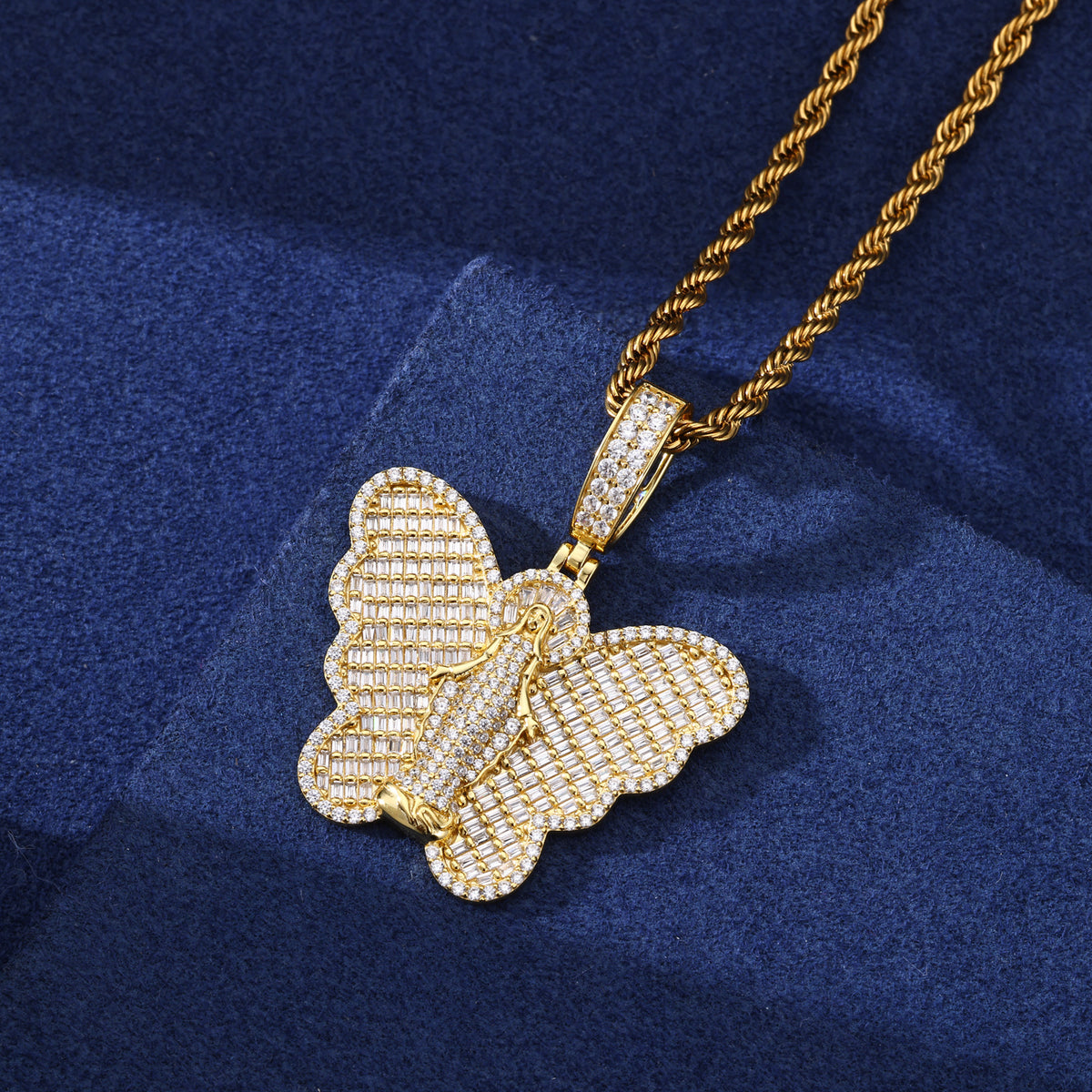 Gold-tone Virgin Mary butterfly moissanite pendant