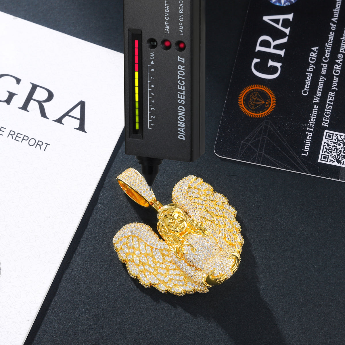 Gold-tone winged angel moissanite pendant close up