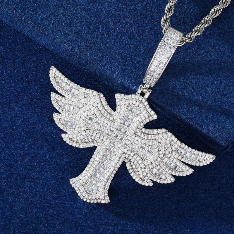Silver tone winged cross moissanite pendant
